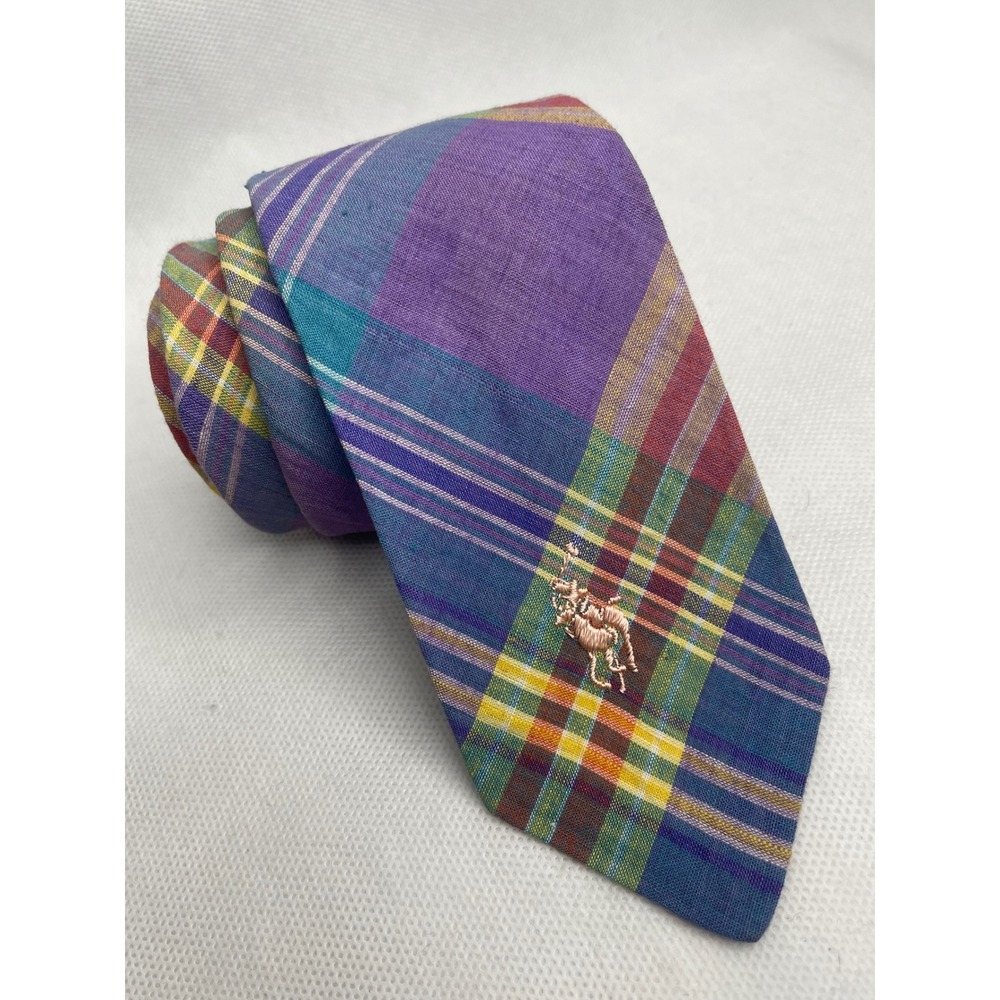 Vintage Polo Ralph Lauren Cotton Plaid Skinny Slub Tie Logo Purple Yellow Blue